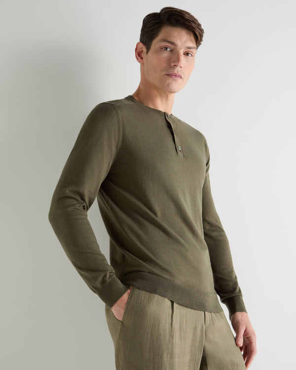 N.Peal Men's Round Neck Cotton Cashmere Henley Khaki Green