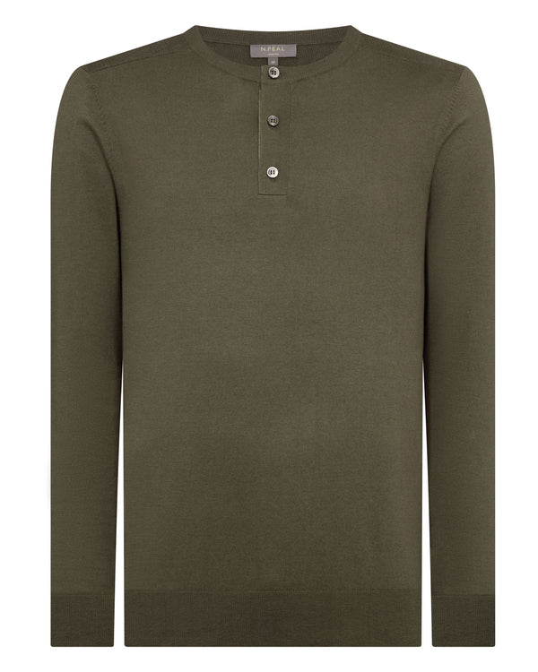 N.Peal Men's Round Neck Cotton Cashmere Henley Khaki Green