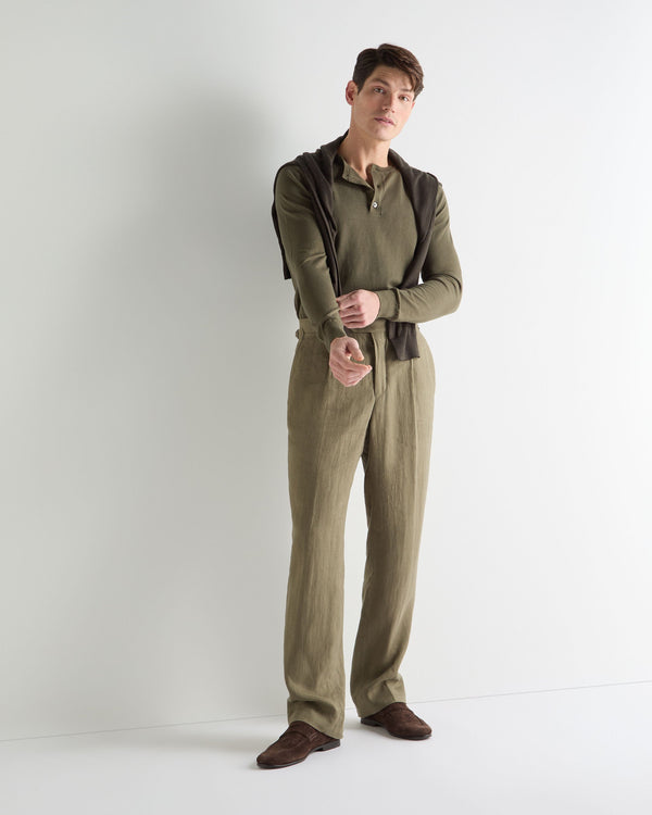 N.Peal Men's Round Neck Cotton Cashmere Henley Khaki Green