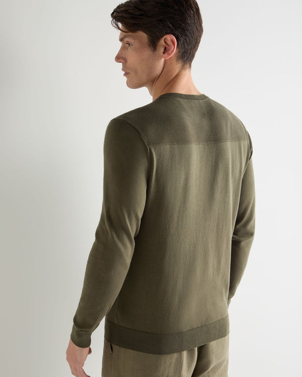N.Peal Men's Round Neck Cotton Cashmere Henley Khaki Green