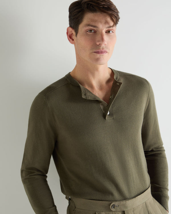 N.Peal Men's Round Neck Cotton Cashmere Henley Khaki Green