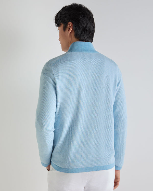 N.Peal Men's Salcombe Jacquard Half Zip Cotton Cashmere Jumper Cornflower Blue