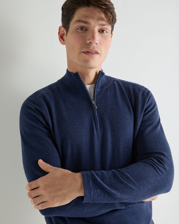N.Peal Men's Salcombe Half Zip Cotton Cashmere Jumper Dark Denim Blue
