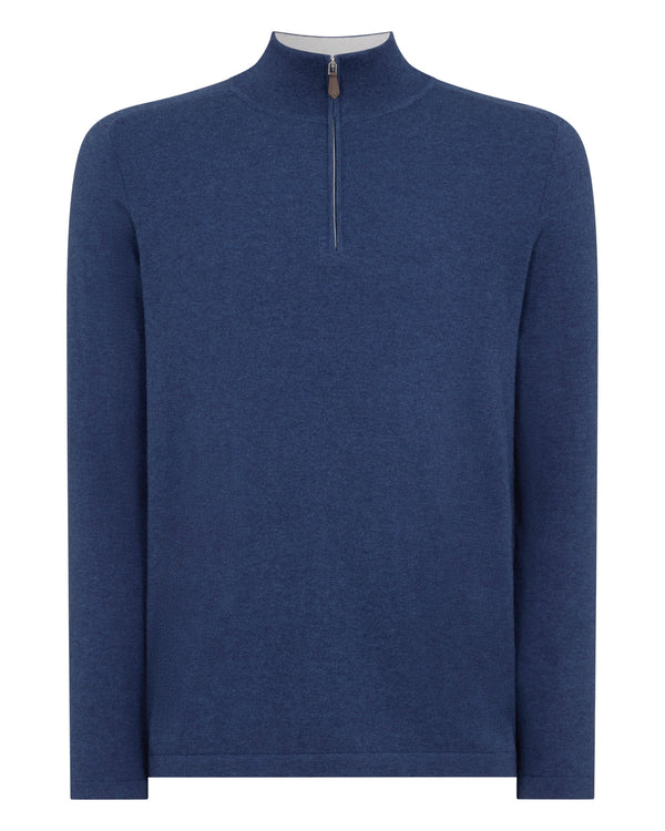 N.Peal Men's Salcombe Half Zip Cotton Cashmere Jumper Dark Denim Blue