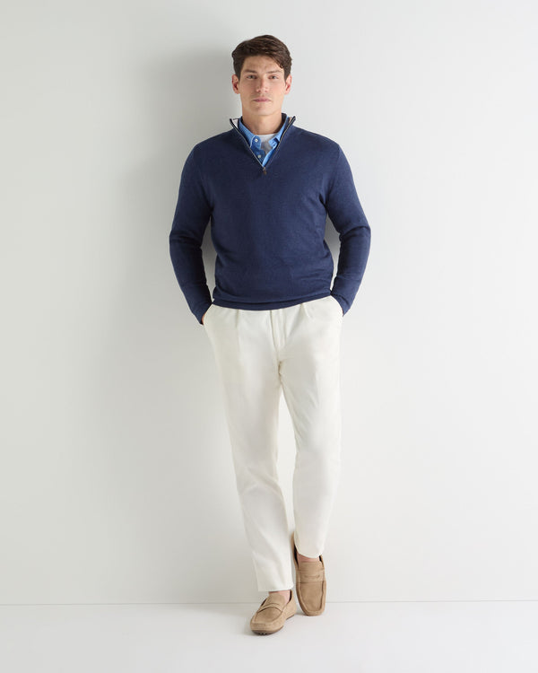 N.Peal Men's Salcombe Half Zip Cotton Cashmere Jumper Dark Denim Blue