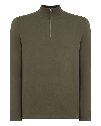 N.Peal Men's Salcombe Half Zip Cotton Cashmere Jumper Khaki Green