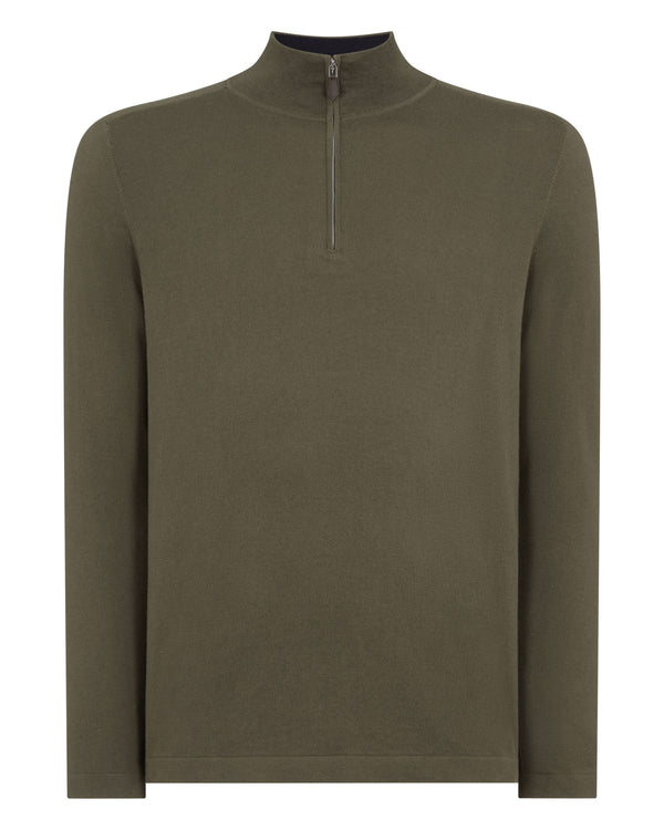 N.Peal Men's Salcombe Half Zip Cotton Cashmere Jumper Khaki Green