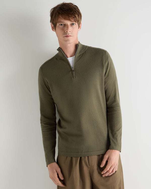 N.Peal Men's Salcombe Half Zip Cotton Cashmere Jumper Khaki Green