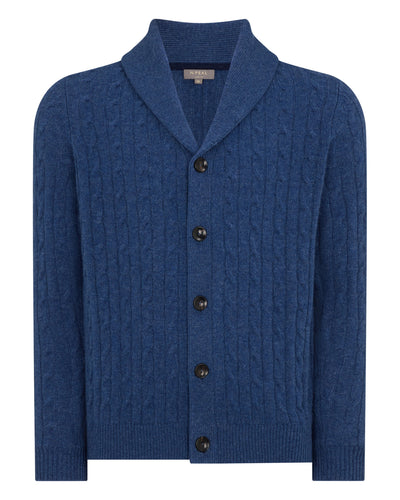 N.Peal Men's Garrick Shawl Cable Cashmere Cardigan Bright Denim Blue