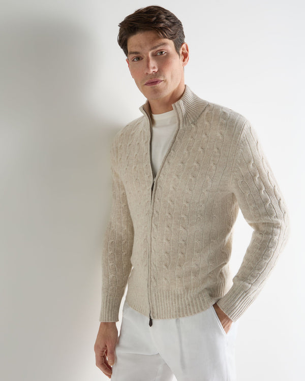 N.Peal Men's Contrast Cable Full Zip Cashmere Jumper Sand Brown