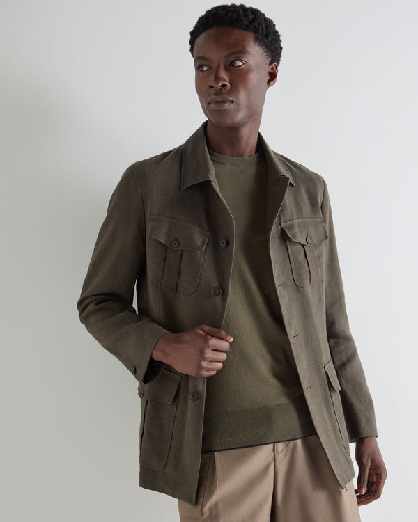 N.Peal Men's Casablanca Linen Jacket Arabica Khaki Green