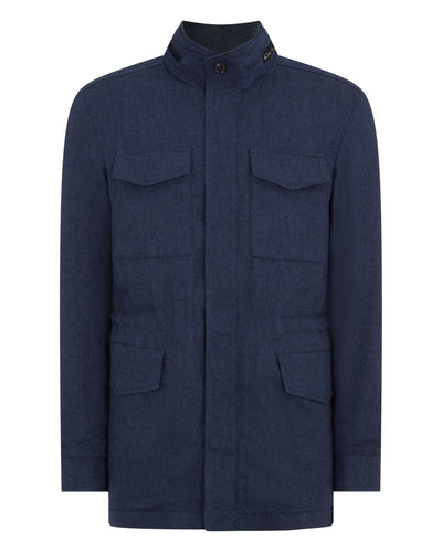 N.Peal Men's Hampton Linen Blend Field Jacket Navy Blue Herringbone