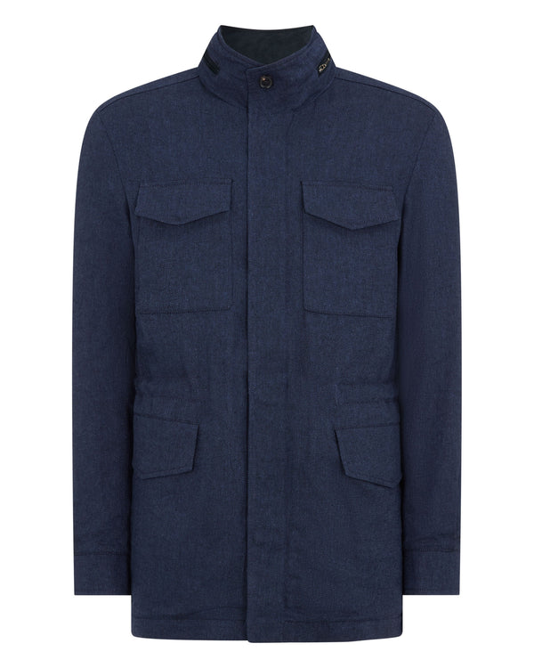 N.Peal Men's Hampton Linen Blend Field Jacket Navy Blue Herringbone