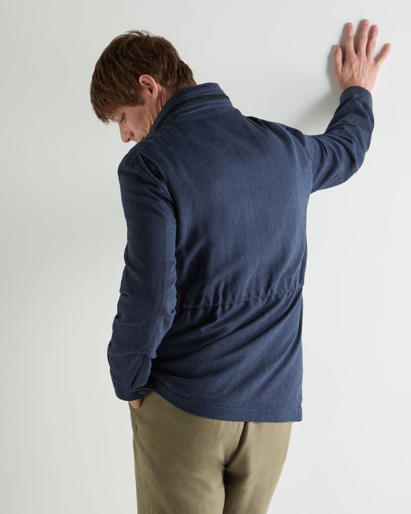 N.Peal Men's Hampton Linen Blend Field Jacket Navy Blue Herringbone