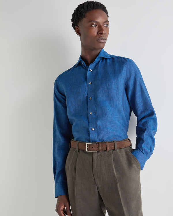 N.Peal Men's Cannes Linen Shirt Petrol Blue