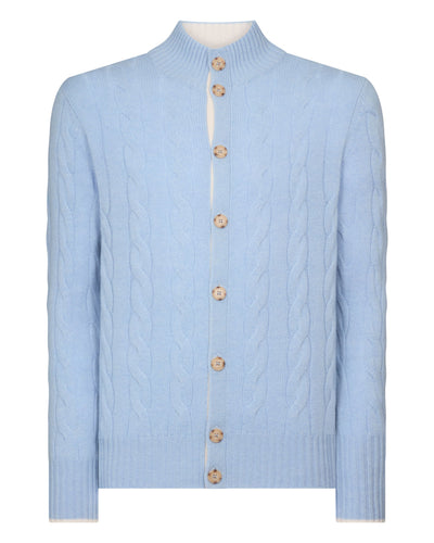 N.Peal Men's Jermyn Cable Full Button Cashmere Cardigan Sea Mist Blue