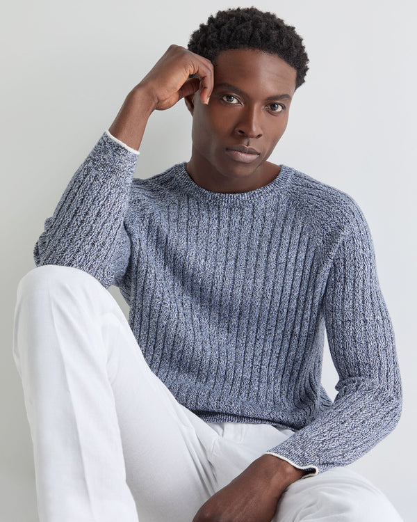 N.Peal Men's Marl Cotton Cashmere Jumper Blue Marl