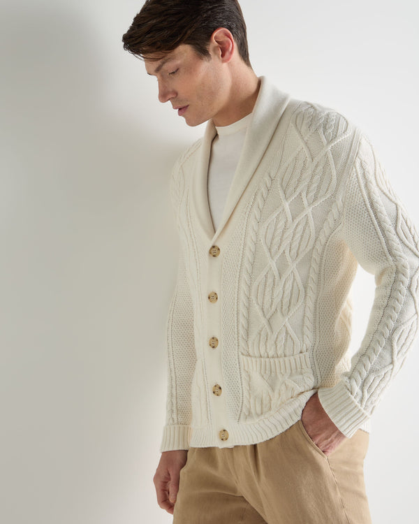 N.Peal Men's Cable Shawl Cotton Blend Cardigan New Ivory White
