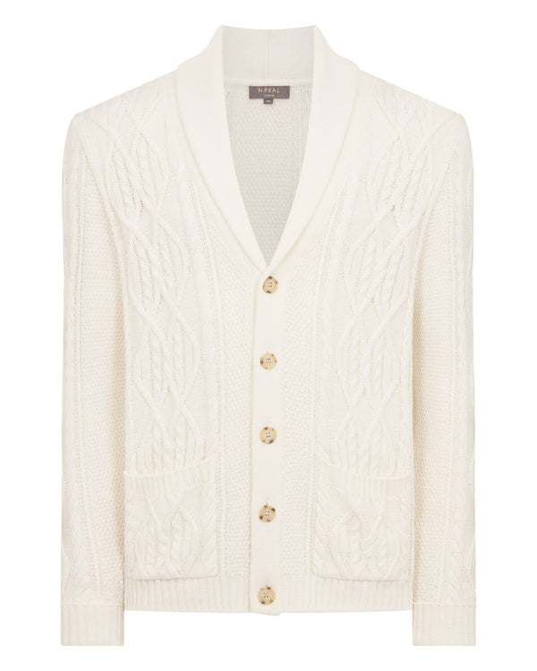 N.Peal Men's Cable Shawl Cotton Blend Cardigan New Ivory White