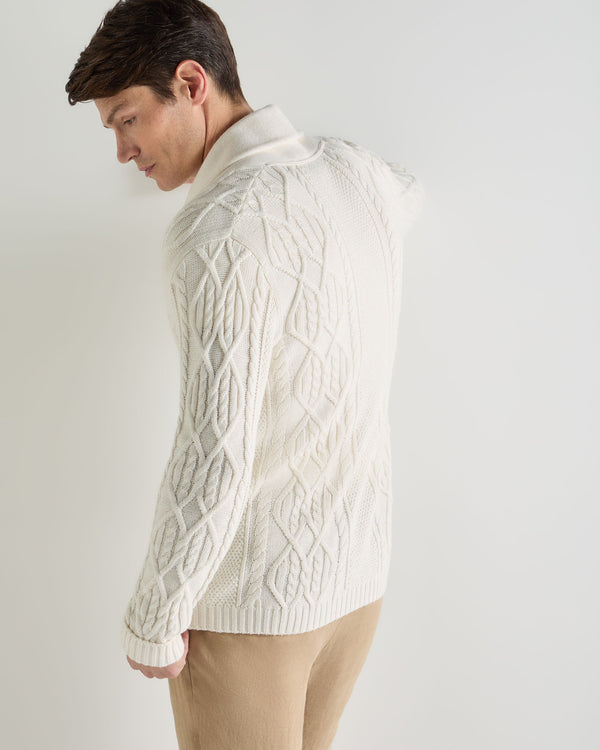 N.Peal Men's Cable Shawl Cotton Blend Cardigan New Ivory White