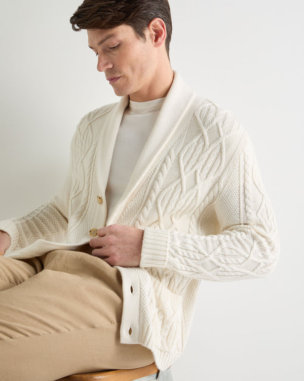 N.Peal Men's Cable Shawl Cotton Blend Cardigan New Ivory White