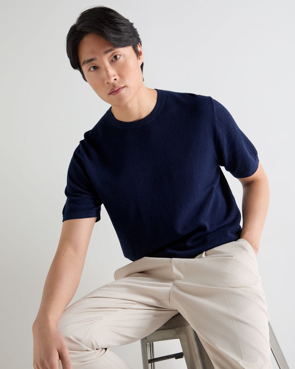 N.Peal Men's Pique Linen Blend Tee Deep French Blue