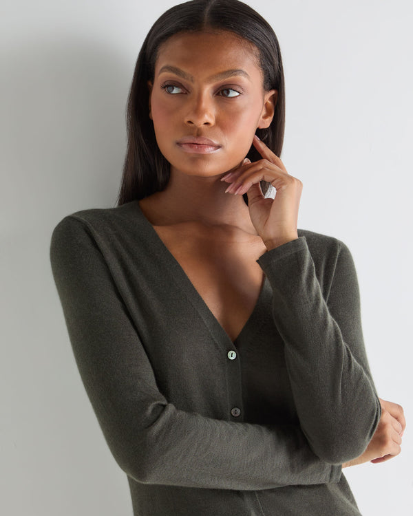 N.Peal Women's Mia Superfine Cashmere V Neck Cardigan Arabica Khaki Green