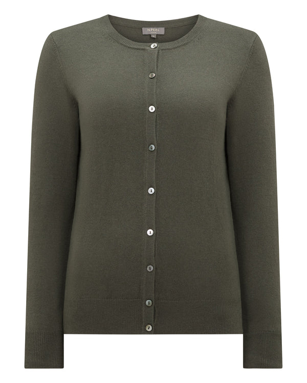 N.Peal Women's Olivia Round Neck Cashmere Cardigan Olive Green