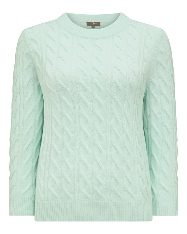 N.Peal Women's Emilia Cable Round Neck Cashmere Jumper Mint Green