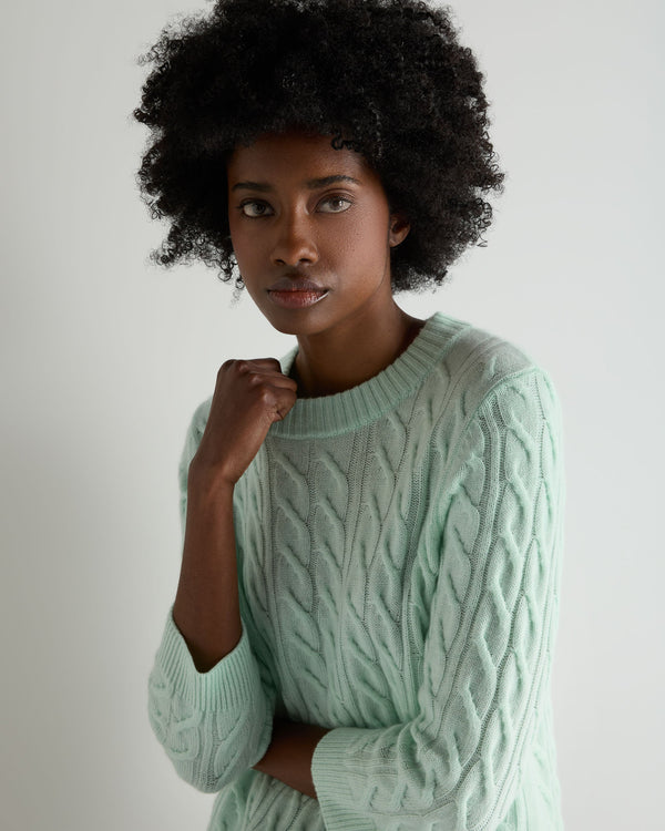 N.Peal Women's Emilia Cable Round Neck Cashmere Jumper Mint Green
