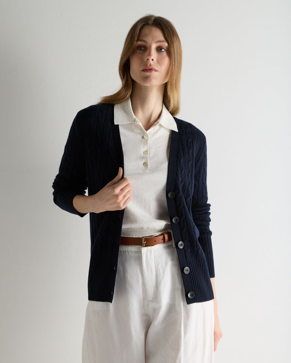 N.Peal Women's Clara Cable V Neck Cashmere Cardigan Navy Blue