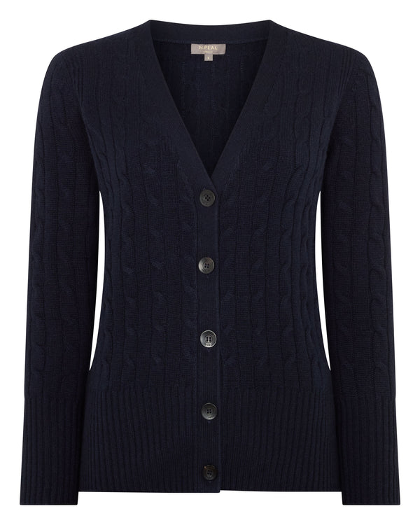 N.Peal Women's Clara Cable V Neck Cashmere Cardigan Navy Blue