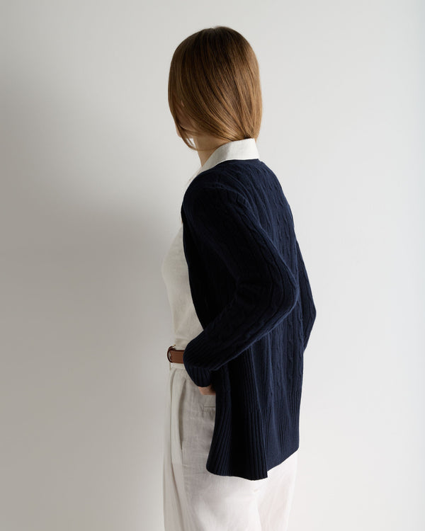 N.Peal Women's Clara Cable V Neck Cashmere Cardigan Navy Blue