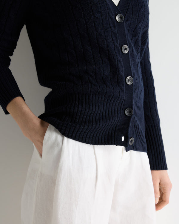 N.Peal Women's Clara Cable V Neck Cashmere Cardigan Navy Blue