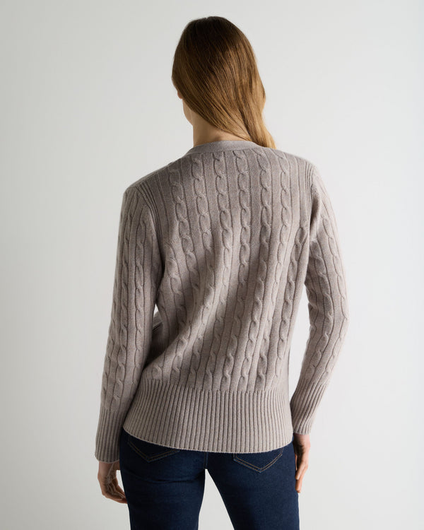 N.Peal Women's Clara Cable V Neck Cashmere Cardigan Oat Grey