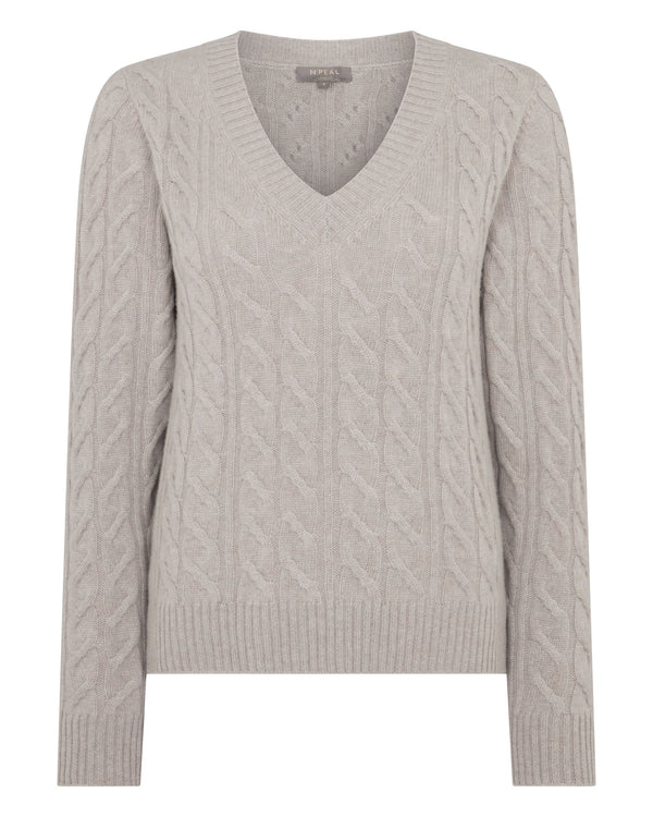 N.Peal Women's Frankie Cable V Neck Cashmere Jumper Oat Grey