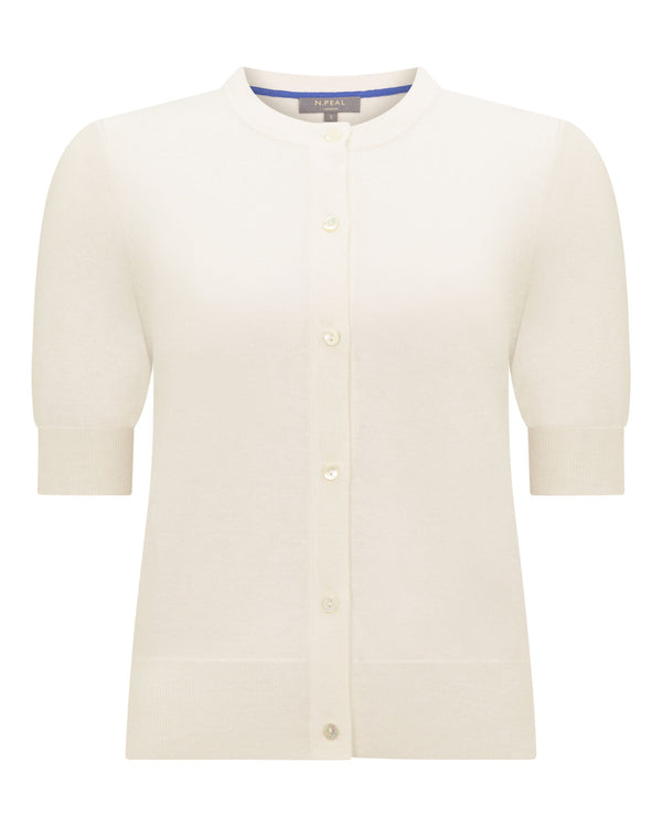 N.Peal Women's Cotton Cashmere Short Sleeve Cardigan New Ivory White