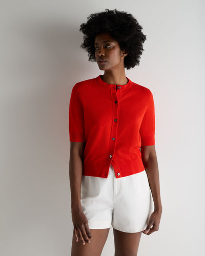 N.Peal Women's Cotton Cashmere Short Sleeve Cardigan Tomato Red