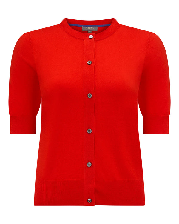 N.Peal Women's Cotton Cashmere Short Sleeve Cardigan Tomato Red