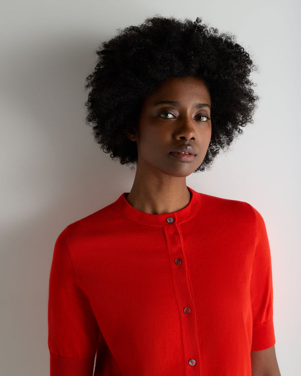 N.Peal Women's Cotton Cashmere Short Sleeve Cardigan Tomato Red