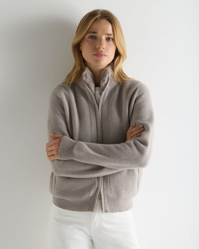 N.Peal Women's Honeycomb Cashmere Full Zip With Rex Trim Oat Grey