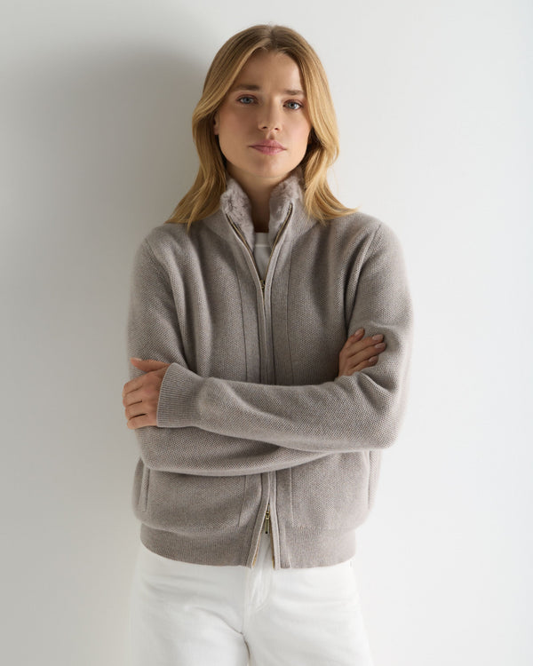 N.Peal Women's Honeycomb Cashmere Full Zip With Rex Trim Oat Grey