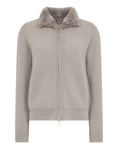 N.Peal Women's Honeycomb Cashmere Full Zip With Rex Trim Oat Grey