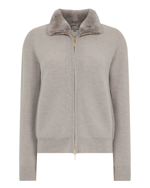 N.Peal Women's Honeycomb Cashmere Full Zip With Rex Trim Oat Grey
