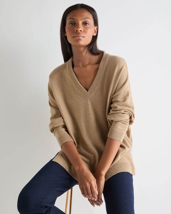 N.Peal Women's Longline V Neck Cashmere Jumper Cappuccino Brown