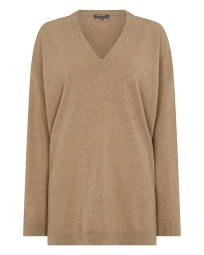 N.Peal Women's Longline V Neck Cashmere Jumper Cappuccino Brown