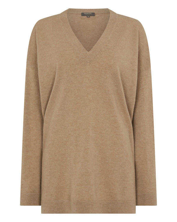 N.Peal Women's Longline V Neck Cashmere Jumper Cappuccino Brown