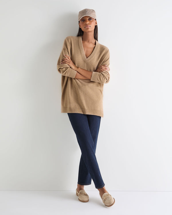 N.Peal Women's Longline V Neck Cashmere Jumper Cappuccino Brown