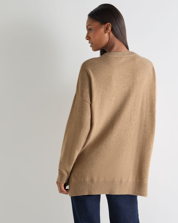 N.Peal Women's Longline V Neck Cashmere Jumper Cappuccino Brown
