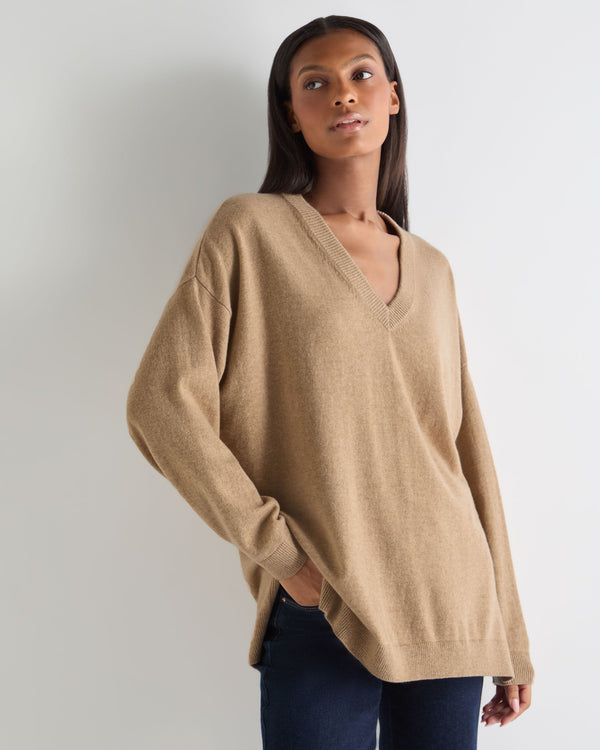 N.Peal Women's Longline V Neck Cashmere Jumper Cappuccino Brown